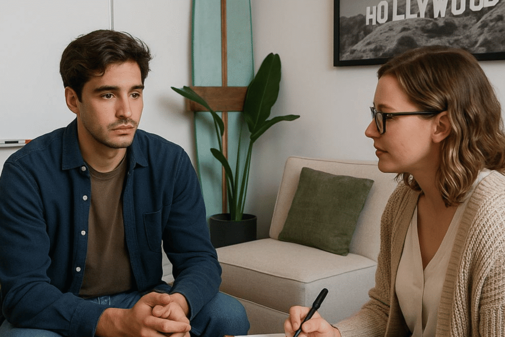Client in a one-on-one therapy session with a licensed therapist in a private, calming setting.