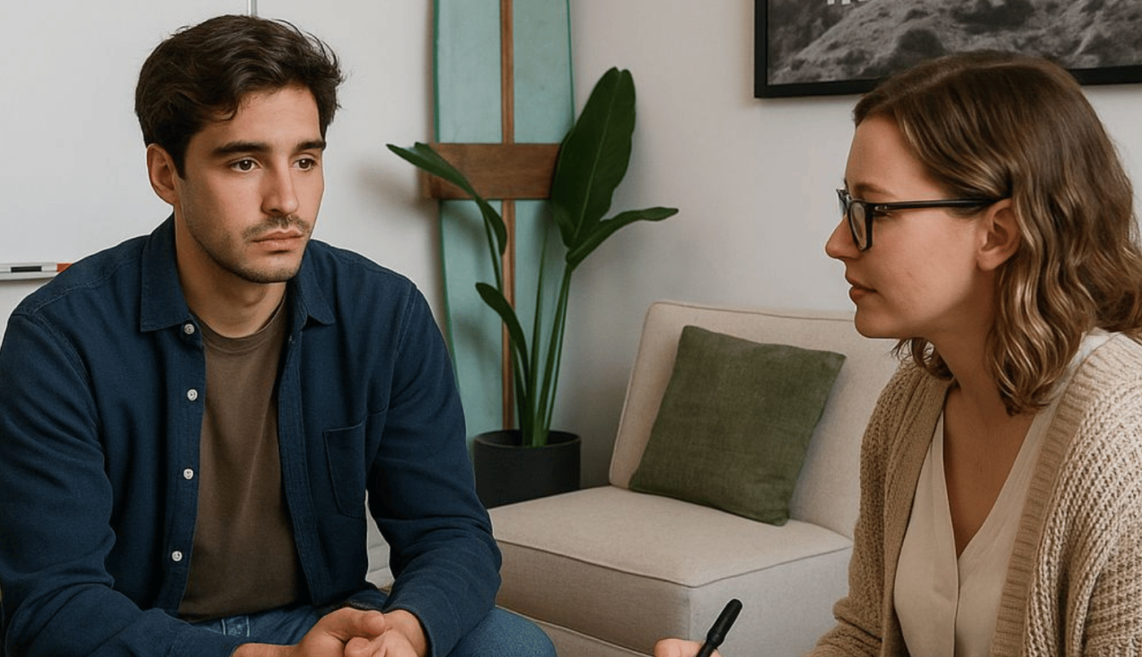 Client in a one-on-one therapy session with a licensed therapist in a private, calming setting.